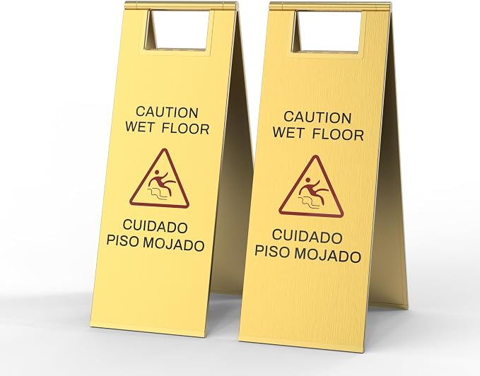 2 Pcs Wet Floor Sign, 24 Inch Gold Stainless Steel Caution Wet Floor Sign by CrazyAnt