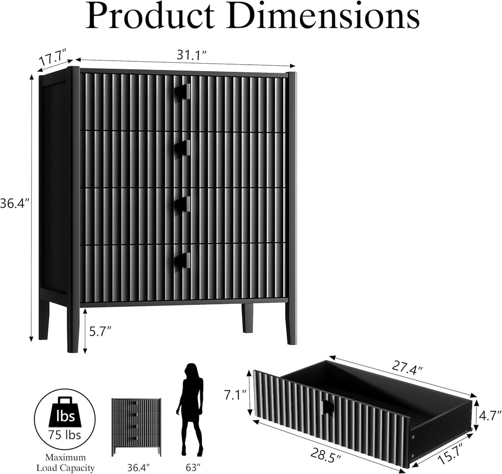 Furniway Black 4 Drawer Dresser, 31.5" Wide Modern Chest of Drawers with...