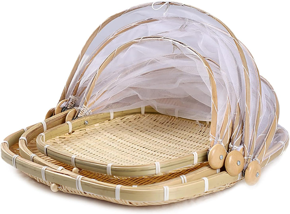 3Pcs Bamboo Food Serving Tent Basket with Cover, Square Hand-Woven Covered Br...