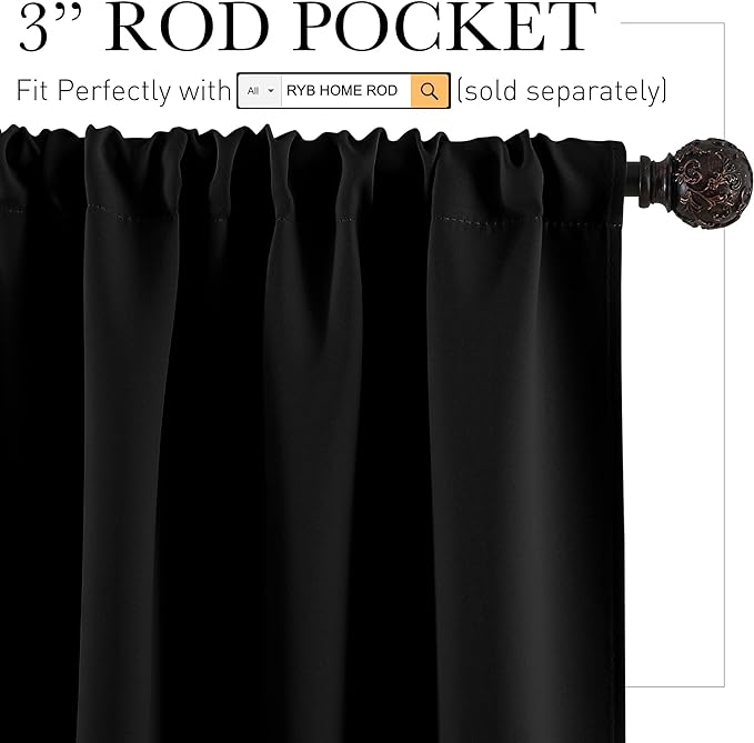 RYB HOME Black Curtains for Windows, Bathroom Curtains Small Window Drapery - Image 2