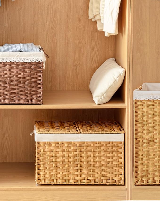 Storage Basket with Lid Rattan Woven Storage Baskets with 2 Separate Lids - Image 7