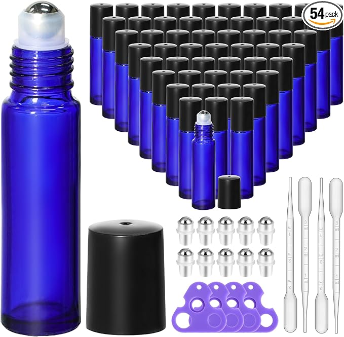 KEYWING 54 Pack Blue Essential Oil Roller Bottles – 10ml Glass Roll-On Bottles by KEYWING