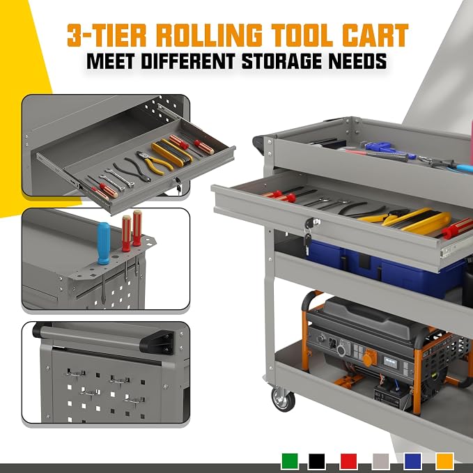 3 Tier Rolling Tool Cart with Drawers, 450 LBS Capacity Tool Cart on Wheels - Image 5