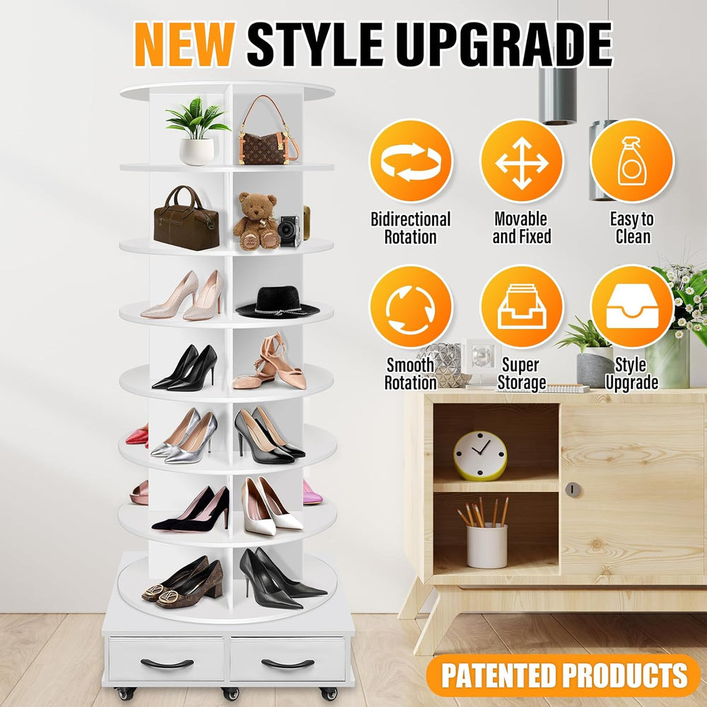 RUNSUNSPRI 8 Tier Rotating Shoe Rack Tower Contains 2 Drawers