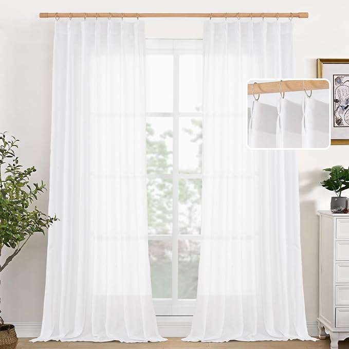 YoungsTex White Linen Semi Sheer Curtains 108 Inch Length 2 Panels, Light by YoungsTex