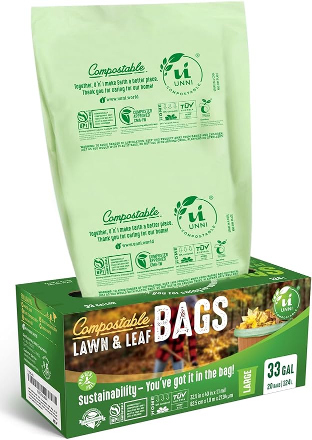 UNNI Compostable Lawn & Leaf Bags, 30-33 Gallon / 124 Liter, Extra Thick 1.1 by UNNI