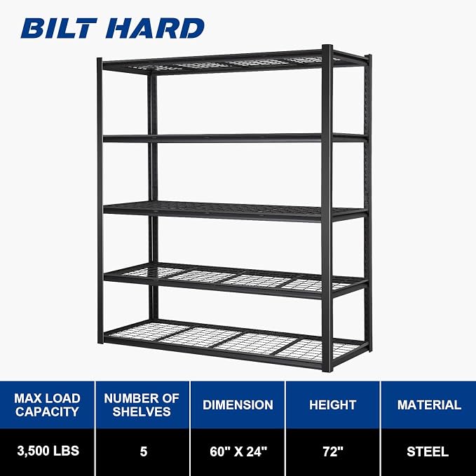 BILT HARD 60" W x 24" D Garage Shelving 3500 LBS, Heavy Duty 5-Tier Metal - Image 2