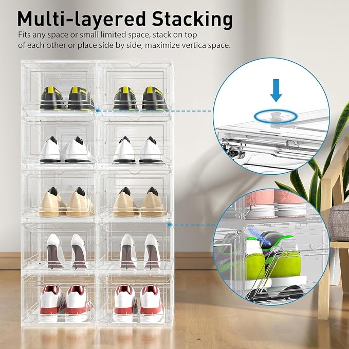 Mitees 10 Pack XX Large Thicken Sturdy Hard Plastic Clear Stackable Shoe - Image 3