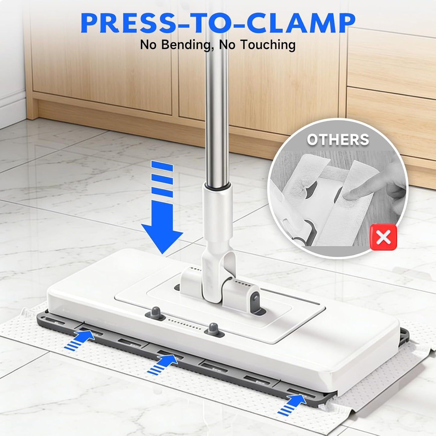New 2-in-1 Push Clamp Lazy Mop – Hands Free Flat Mops, Quick Mopping & Sweeping, Compatible with Most Pads, Adjustable Handle, Perfect for Homes with Kids & Pets, 10 Dust Cloths(Large Flat Mop)