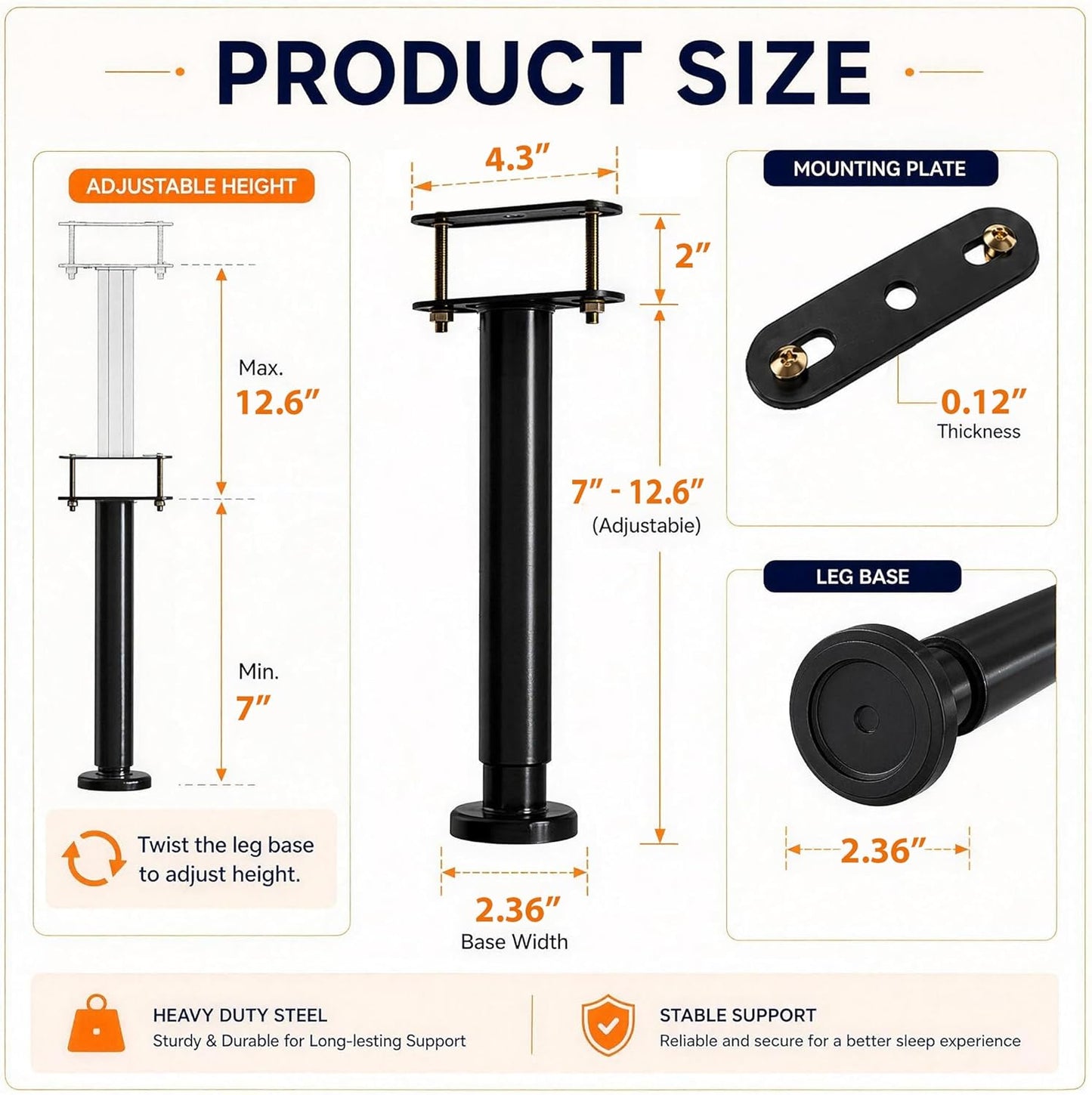 Under Bed Metal Support Legs, Adjustable Height Bed Frame Support Leg, Bed Slat Support Leg for Heavy Duty/Wooden/King/Queen Bed Frame (7"-12.6" (4pcs))