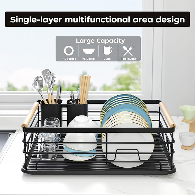 Dish Racks for Kitchen Counter: Wooden Handles, Thickened Metal, No Assembly. - Image 2