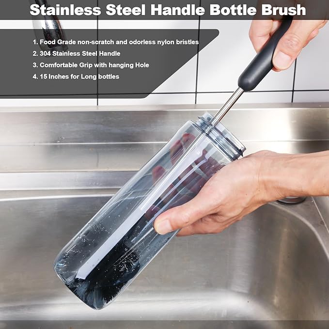 Water Bottle Brush with Straw Cleaner, 15 Inches Stainless Steel Handle Baby - Image 2