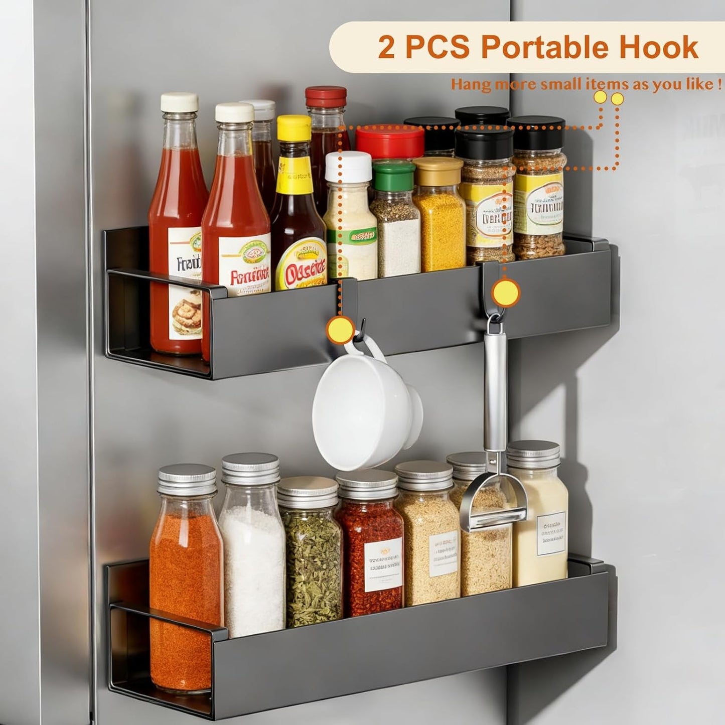 Magnetic Fridge Organizer, Spice Rack, Kitchen Organizers and Storage, Cabinet Organizer with Shelf, Pantry Organization for Countertop, Over the Door Storage with Detachable 2 Hooks