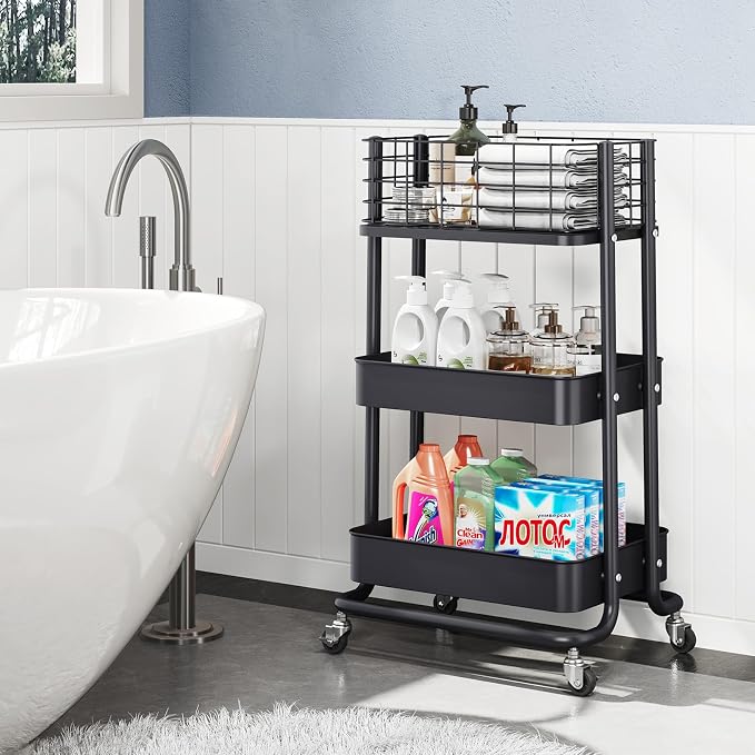 KINGRACK 3 Tier Rolling Cart, Metal Mobile Storage Shelf - Image 7
