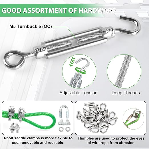 M6 Turnbuckles for Cables Wire, 3/16" Green PVC Coated Wire Rope Kit - Image 4