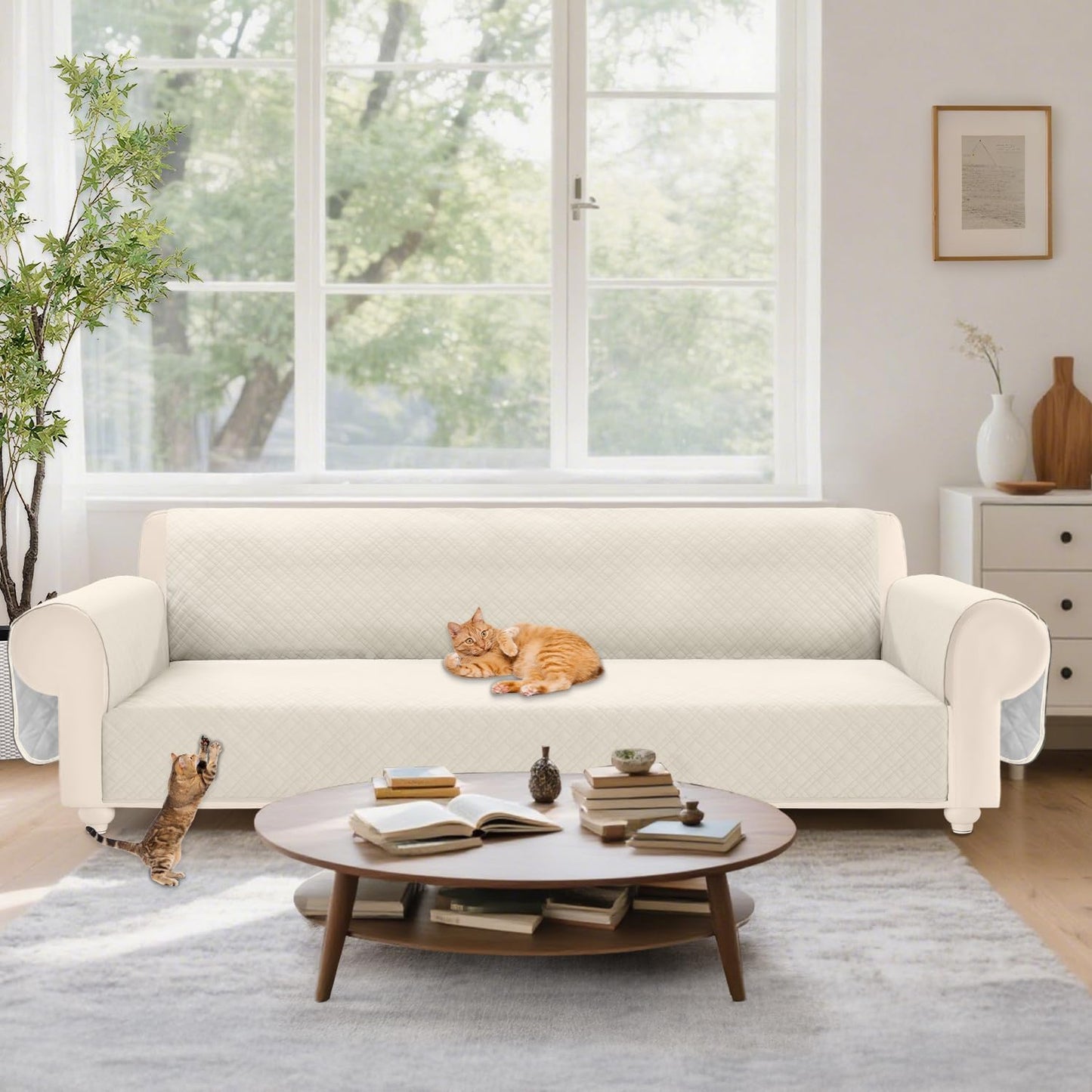Velvet 100% Waterproof Couch Cover for Dogs Washable Sofa Covers for 3 Cushion Couch Pet Friendly Oversized Sofa Slipcovers Non Slip Furniture Protector with Pockets (XX-Large, Light Beige)
