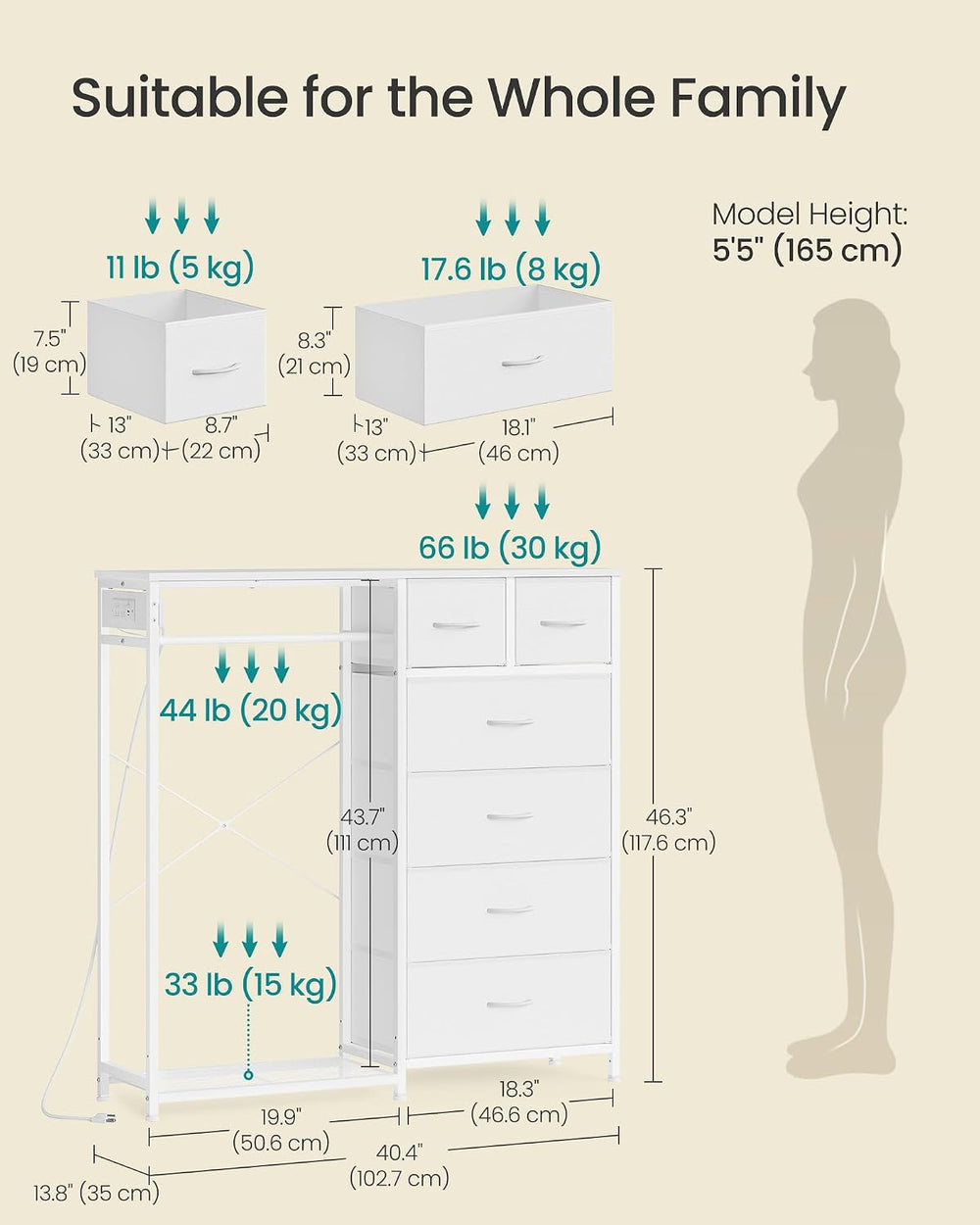 SONGMICS Dresser with Hanging Rod, Closet Organizer with 6 Fabric Drawers