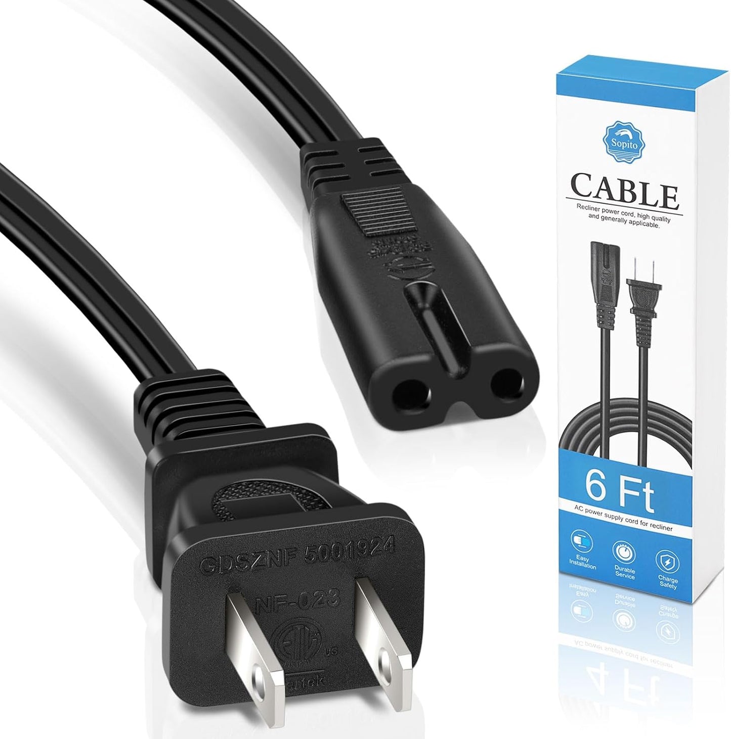 Recliner Power Cord Replacement Sopito 6ft 2 Prong Power Recliner Cable Replacement, AC Adapter Cord for Lazyboy, Limoss OKIN Electric Sofa and Lift Chair