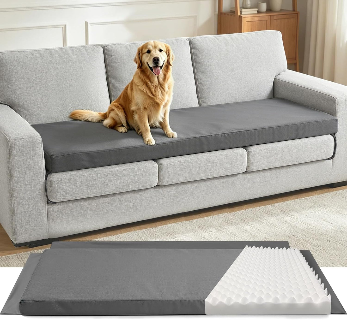 71 x 27.5 x 3 Inch Egg Crate Foam Sofa Topper, Thick Couch Topper Cushion with Triple-Sided Extended Flaps & Washable Cover, Non-Slip High-Density Foam Pad for Living Room & RV