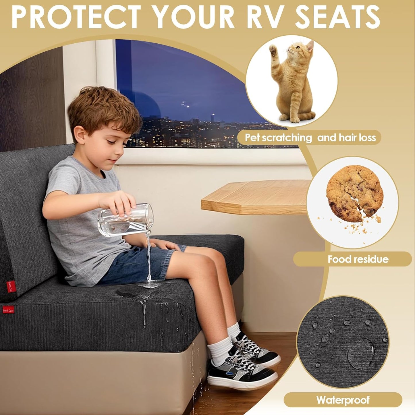 Waterproof RV Dinette Cushion Covers - Stretch Seat Slipcover, Washable RV Couch Cover Designed for Camper Car Bench (Sofa 1 Backrest Cover & 1 Bench Cover, Dark Grey)