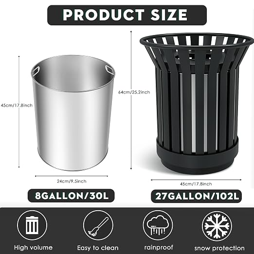 8Gallon/30L Commercial Outdoor & Indoor Metal Trash Can, Outdoor Slatted Trash - Image 3