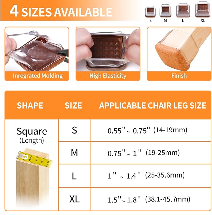 Ezprotekt 8 Pcs Extra Large Square Chair Leg Floor Protectors, Silicone Felt - Image 2