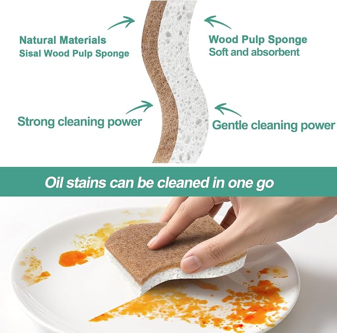 12Pack Natural Kitchen Sponge, Biodegradable Cellulose and Coconut Scrubber - Image 4