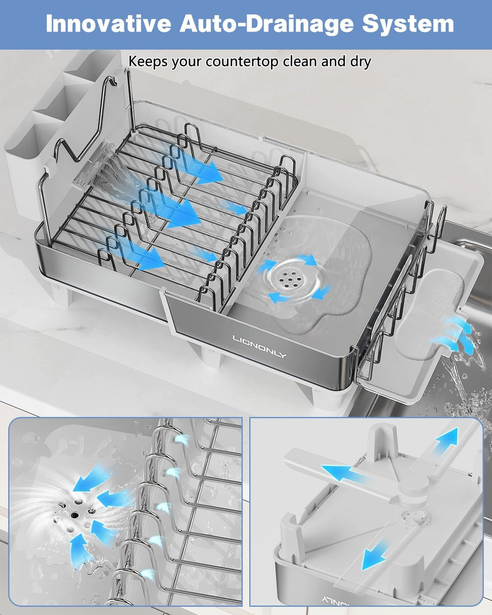 304 Stainless Steel Expandable Dish Drying Rack with Drain Spout, White