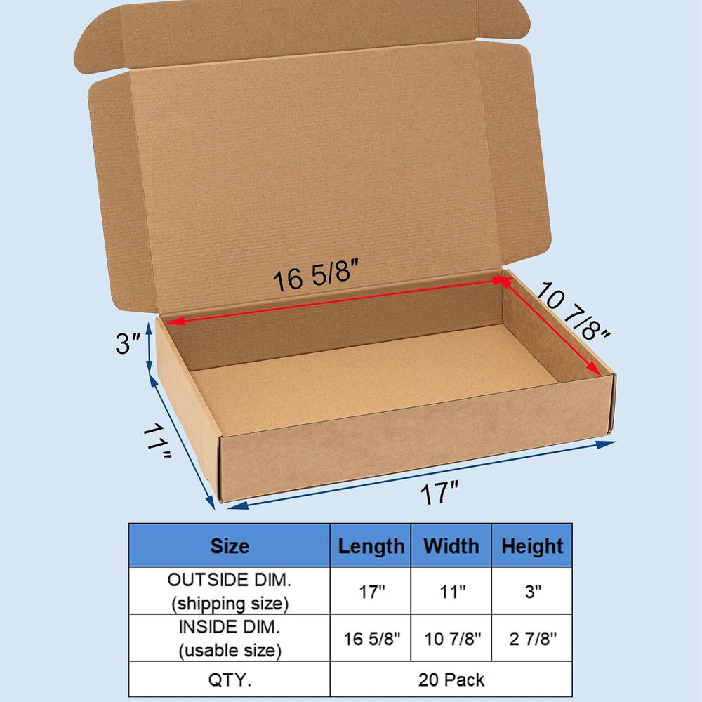 Wowxyz Shipping Boxes 17x11x3 Inches 20 Pack Corrugated Cardboard Brown Box
