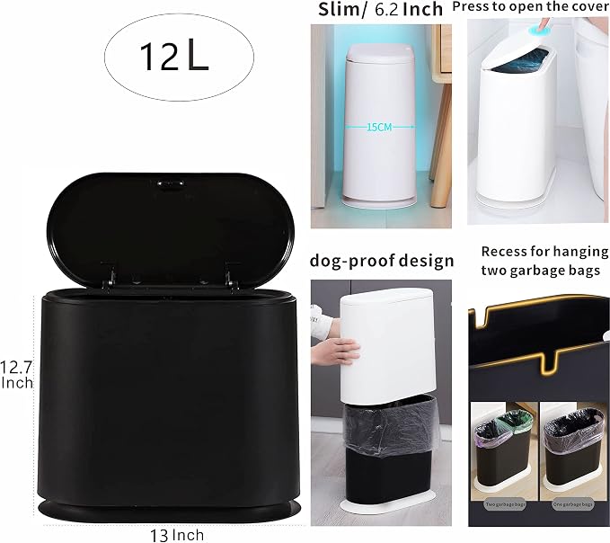 Black Slim Bathroom Trash Can - Image 2