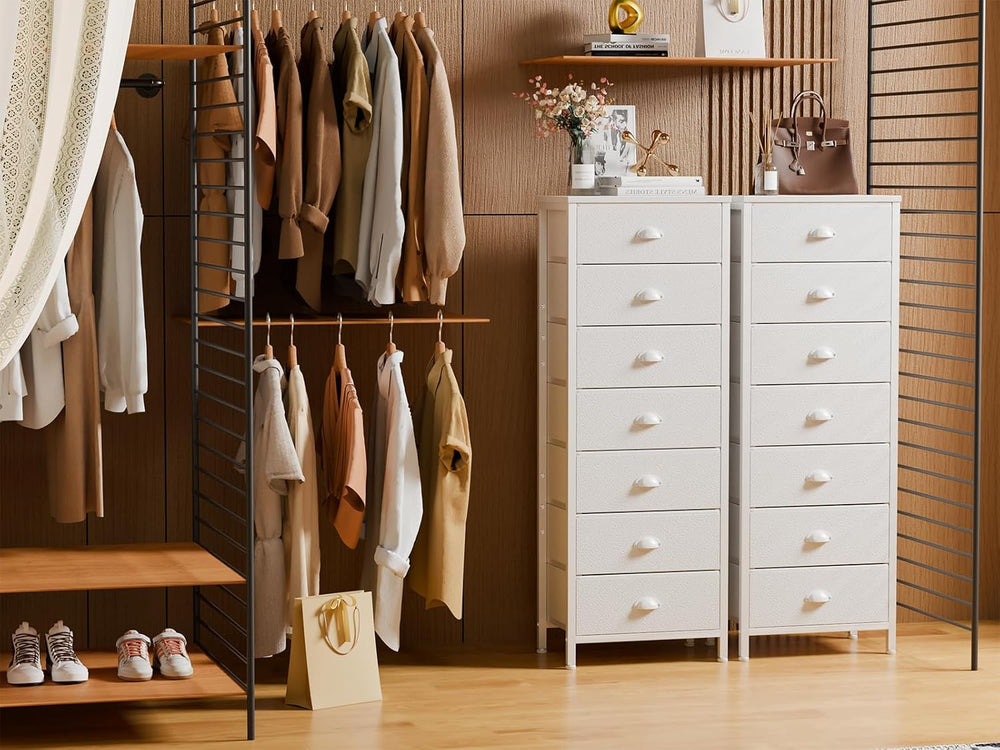 Furnulem White Tall Dresser for Bedroom, Chest of Drawer with Fabric Drawer