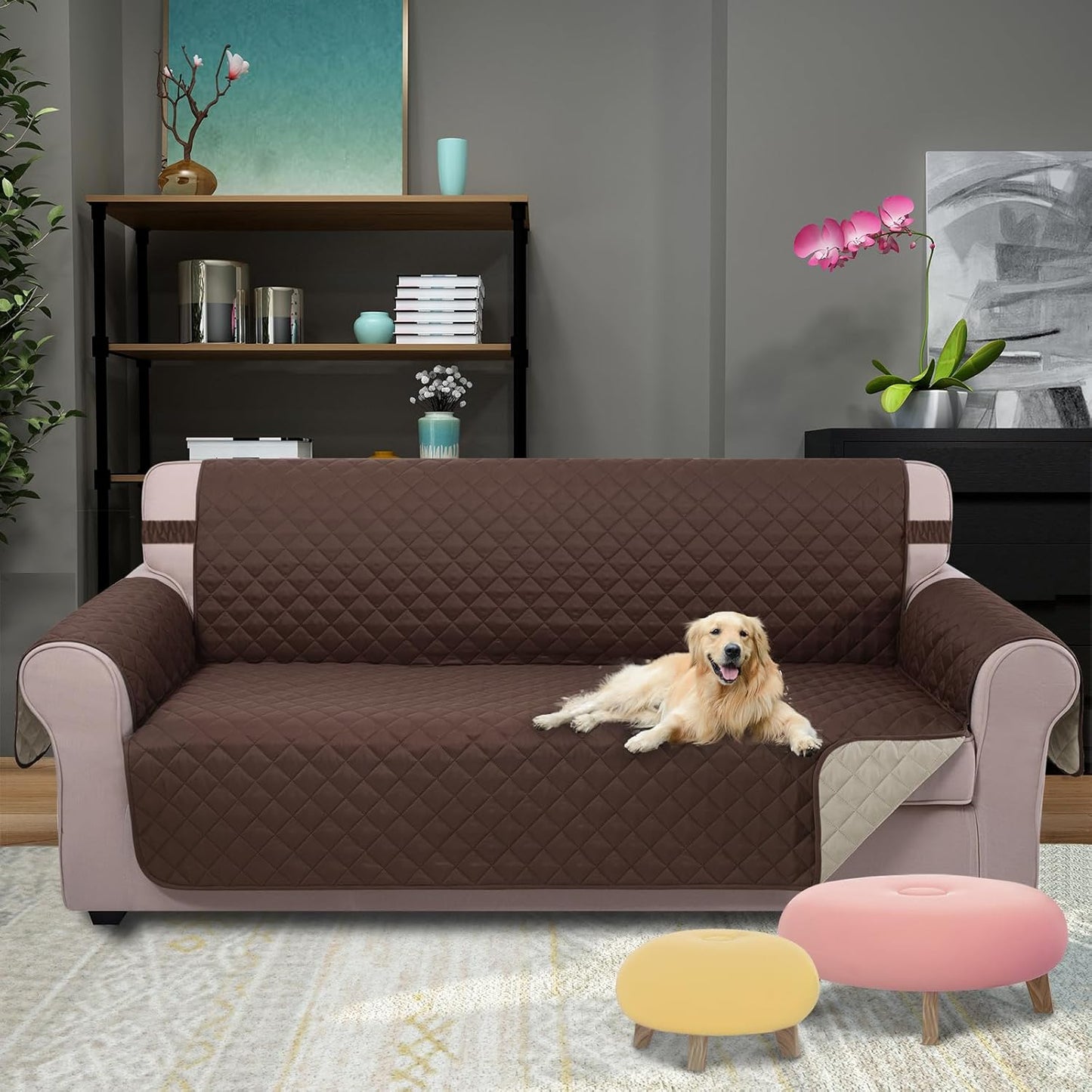 U-NICE HOME Reversible Sofa Cover Washable Couch Cover for Dogs Friendly with Elastic Straps Water Repellent Furniture Protector for 3 Cushion Couch (Sofa, Coffee/Beige)