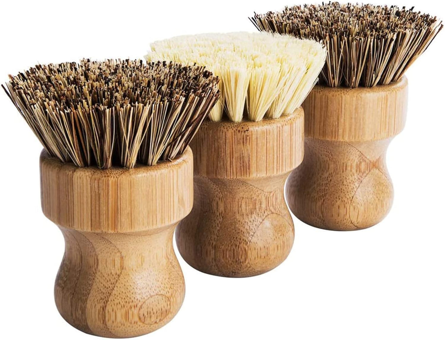 Palm Pot Brush- Bamboo Round 3 Packs Mini Dish Brush Natural Scrub Brush Durable Scrubber Cleaning Kit with Union Fiber and Tampico Fiber for Cleaning Pots, Pans and Vegetables
