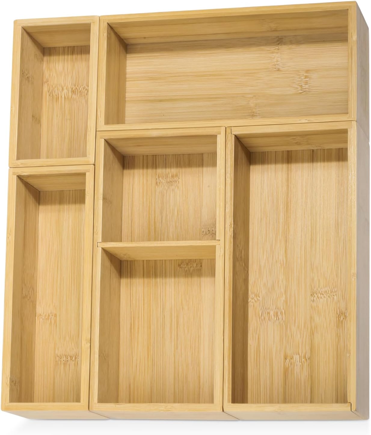 5 Pack Bamboo Drawer Organizer Set, Multi-Use Junk Drawer Organizer for Bathroom, Kitchen, Office, Jewelry, Makeup