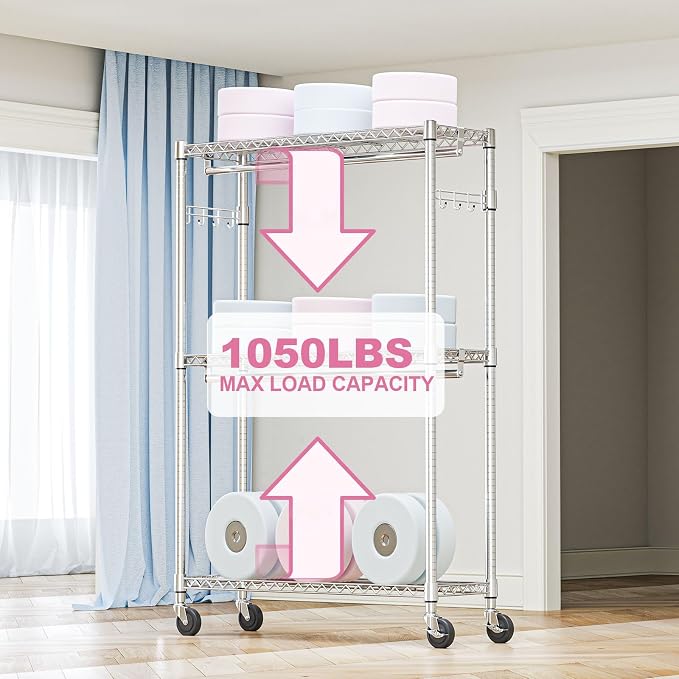 Heavy Duty Rolling Garment Rack 3 Tiers Adjustable Wire Shelving Clothes Rack - Image 5