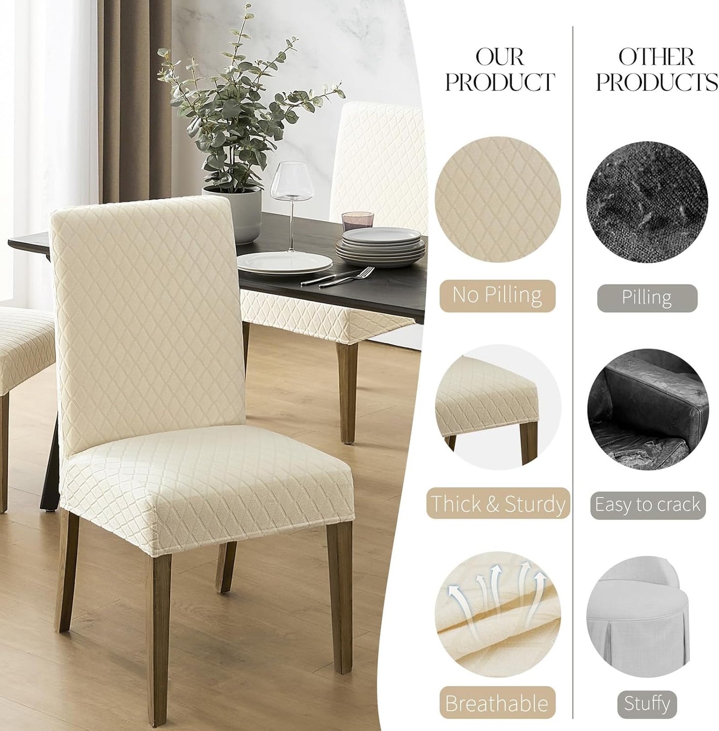 MOSAYT 100% Waterproof Dining Room Chair Covers Set of 4, Super Fit Stretch Jacquard Parson Chairs Slipcovers Removable Washable Chair Seat Protectors for Home, Kitchen, Banquet (Beige)