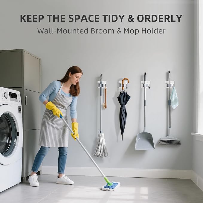 Broom Holder Wall Mount with Screws Broom and Mop Organizer Wall Hanging - Image 2