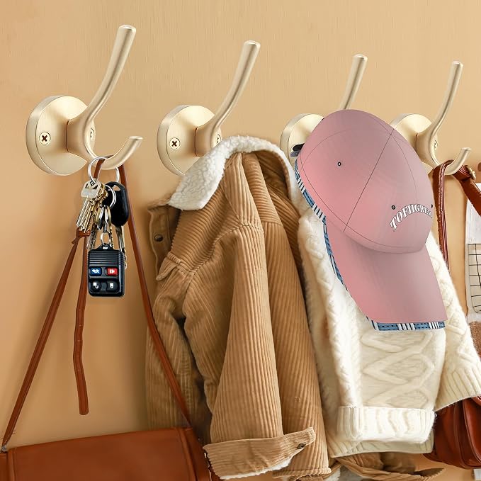 Gold Hat and Coat Hooks, 4 Pack Heavy Duty Coat Robe Hook, Metal Double - Image 2