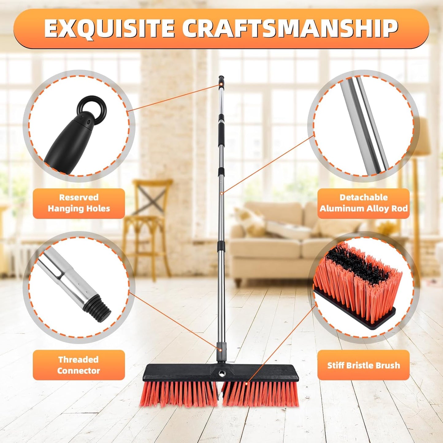 Push Broom, Heavy Duty Outdoor Broom with 55" Long Handle for Cleaning of Patios, Driveways, Garages, Patios, Warehouses and Concrete Floors, 18 Inches