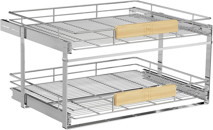 2 Tier Pull Out Cabinet Organizer with Wooden Handle, 28½" W x 21½" Kitchen Cabinet Pullout Shelf, Heavy Duty Slide Out Pantry Drawer Storage For Kitchen, Bathroom