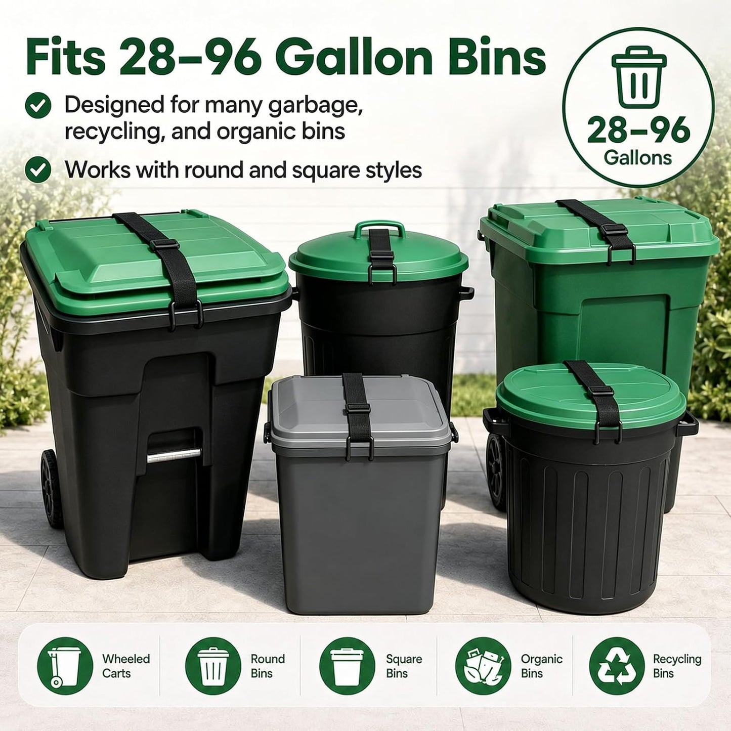 2 Pack Metal Trash Can Lid Locks, Non-Slip Double Claw Garbage Can Locks, Adjustable Animal-Resistant Windproof Straps for 28-96 Gallon Outdoor Bins