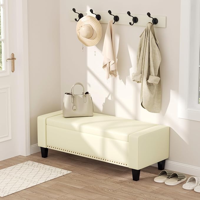48.8" Storage Ottoman Bench Cream White | Faux Leather Bedroom Bench - Image 8