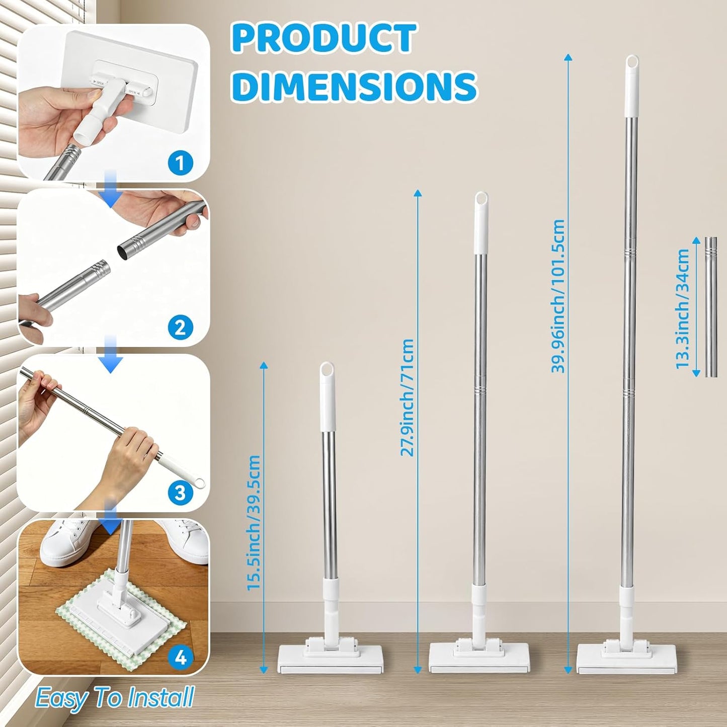 Upgraded Zero Touch Snap Grip Mini Mop, Hands Free Push Pull Handle, Easy Cloth Change Portable Cleaner for Kitchen Bathroom Car, 1 Mop & 10 Reusable Washable Cloths