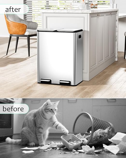 16 Gal Dual Trash Can, Stainless Steel Kitchen Garbage Bin, Recycle Dustbin - Image 8