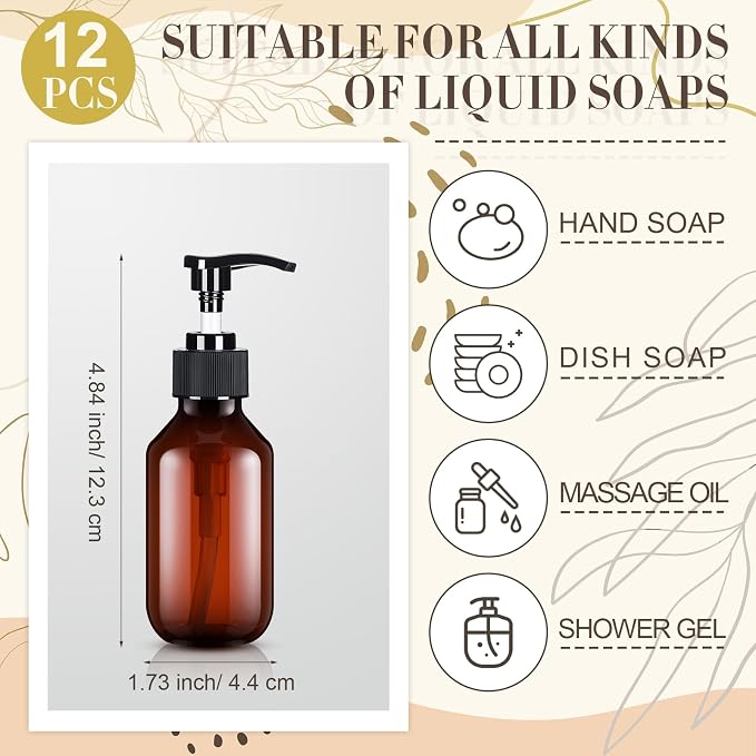 Tessco for you 12 Pack Amber Soap Dispenser Empty Plastic Pump Bottles - Image 2
