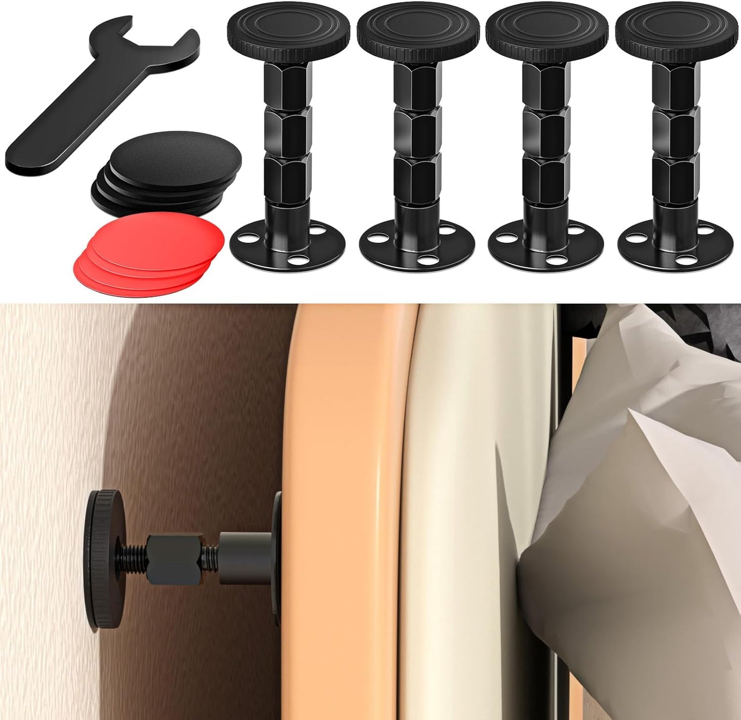 4PCS Adjustable Threaded Bed Frame Anti-Shake Tool, Upgraded Headboard stoppers with Free Furniture Pads, Easy Installation Bedside Anti-Shake Tool for Headboards, Cabinets and Sofas, 1.18-4.13in