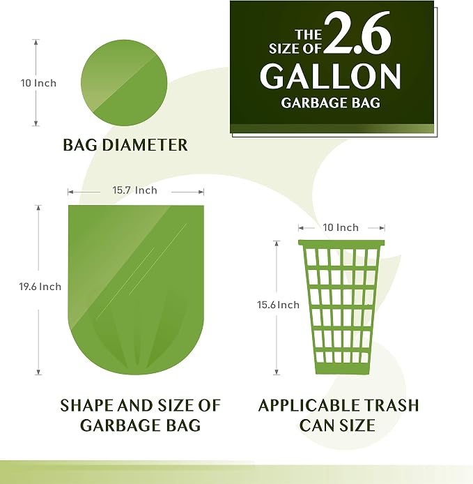 FORID 2.6 Gallon Compostable Garbage Bags, 5 Rolls – Green, Unscented Trash Bags - Image 6