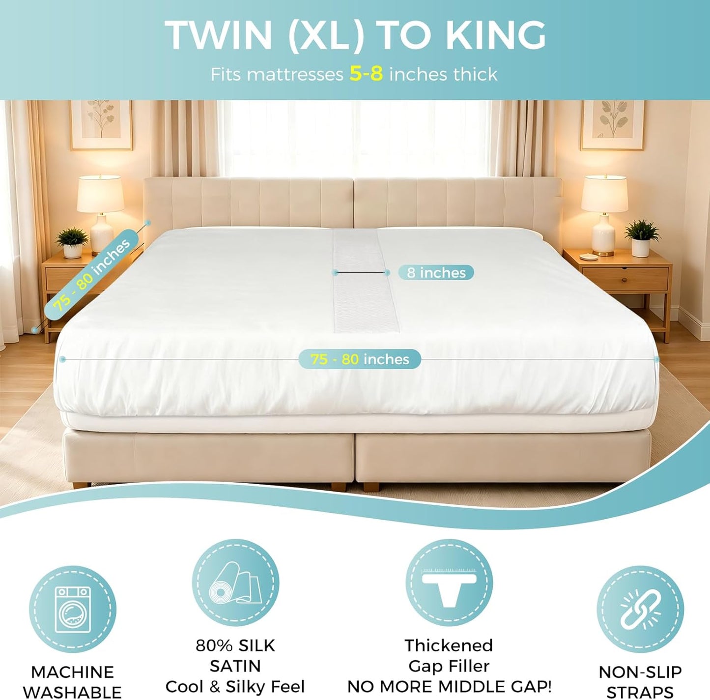 Bisenkud Twin Bed Connector Kit for King Bed, Seamlessly Join Two Twin XL Beds into One King, Bed Gap Filler with Integrated Sheet, Non-Slip Corner Straps, Washable Cover for Guest Room & RV