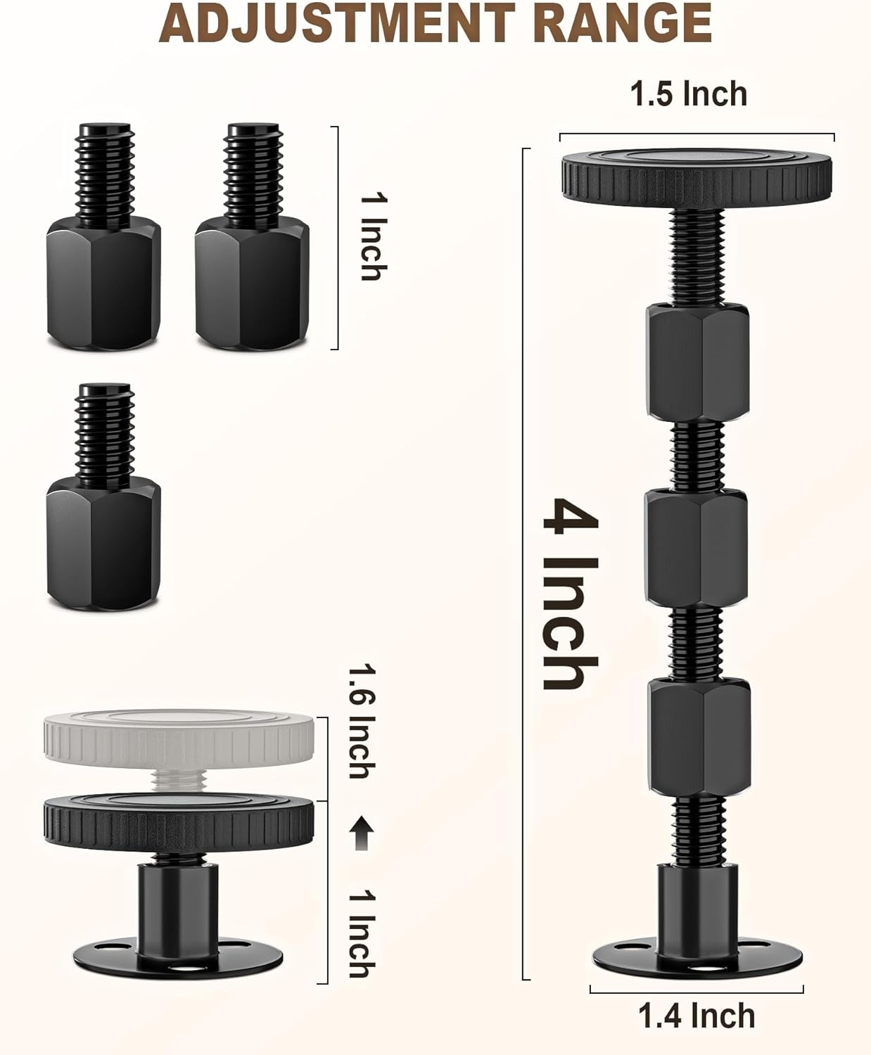 4PCS Adjustable Threaded Bed Frame Anti-Shake Tool, Upgraded Headboard stoppers with Free Furniture Pads, Easy Installation Bedside Anti-Shake Tool for Headboards, Cabinets and Sofas, 1.18-4.13in