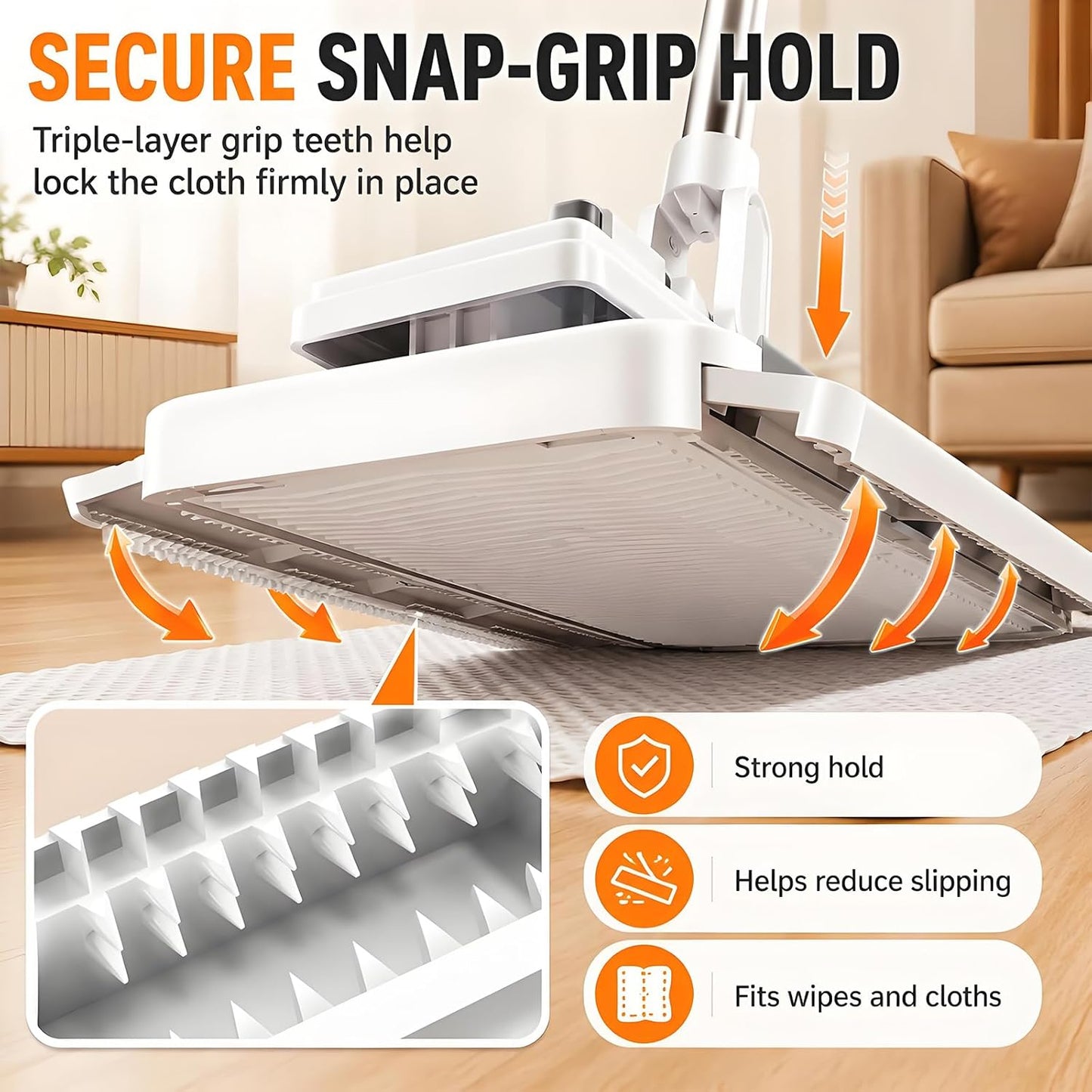 2026 New Hands Free Multi Purpose Flat Mop, Hands Free Flat Mop One Click, Shark Tooth Grip for Any Cloth, Zero Touch Dirty Cloth Release, Long 43.4" Handle with Glass Scraper